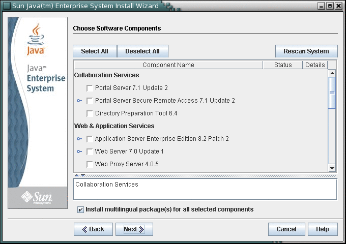 Example screen capture of the Choose Software Components
page in the Java ES installer.