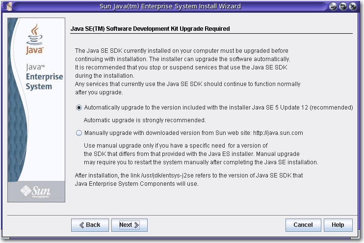 Capture d'écran de la page J2SE SDK Mise à niveau requise.