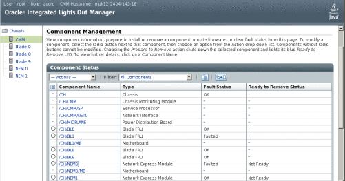 Figure présentant la page de gestion des composants CMM ILOM