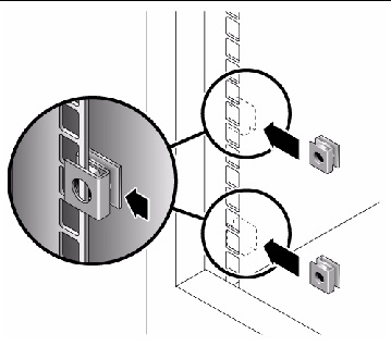 Figure showing inserting cage nuts over the rail mounting holes in cabinet rails.