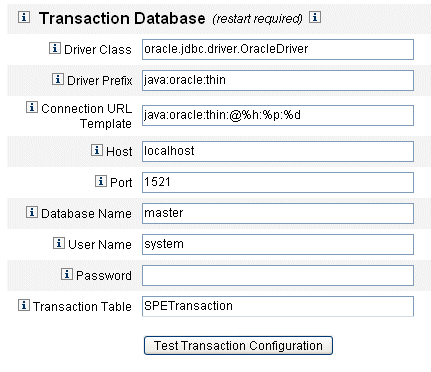 Screen capture of the Service Provider Configuration,Transaction Database form.