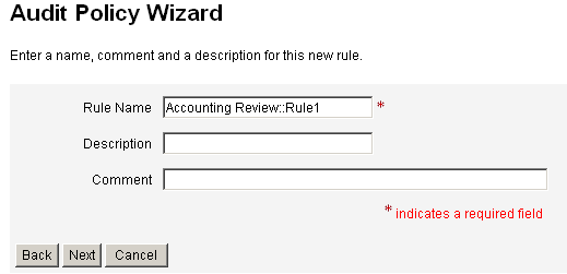 Use the Rule Description Screen to provide descriptive text that is displayed next to the rule name whenever the rule is displayed.