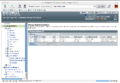 The figure shows the Common Array Manager Storage System Summary Screen where you select arrays managed by the software.