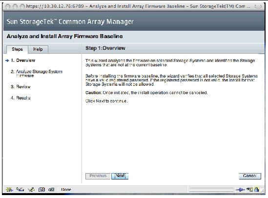 Step 1 of the Analyze and Install Array Firmware Baseline wizard.