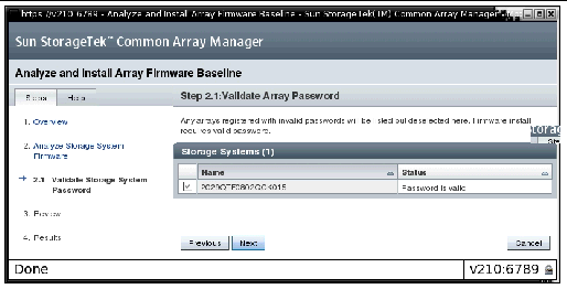 Step 2.1 of the Analyze and Install Array Firmware Baseline wizard validates the array password.