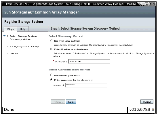 The Register Storage System wizard is displayed to select the storage system discovery method you want to use and click Next.