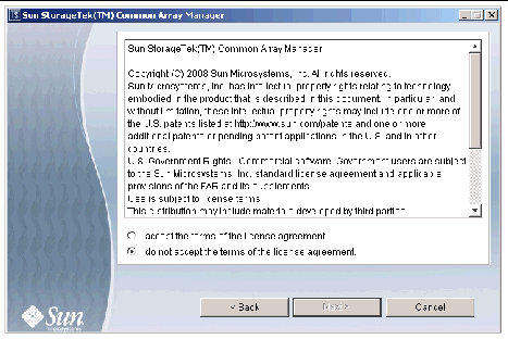 The screenshot shows the Common Array Manager License Agreement Screen. Click the radio button to accept the license agreement, and then click Next to continue the host installation.