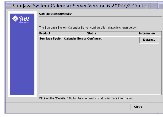 Calendar Server Configuration Program Summary Panel