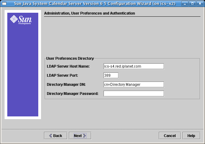 This is the screen where you input LDAP Directory Manager
and LDAP server information. The input boxes are labeled User Preferences
Directory.