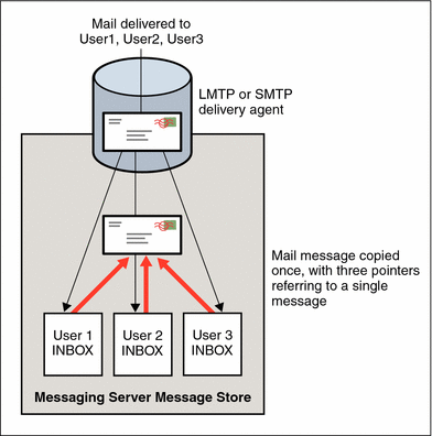 This diagram shows how the single-copy message store retains
only one copy of a message, even if it is sent to multiple recipients.