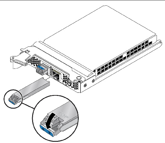 Illustration of inserting an optical transceiver into a slot on the ExpressModule.
