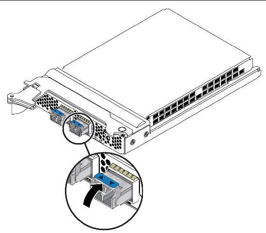 Illustration of closing the handle on the optical transceiver.