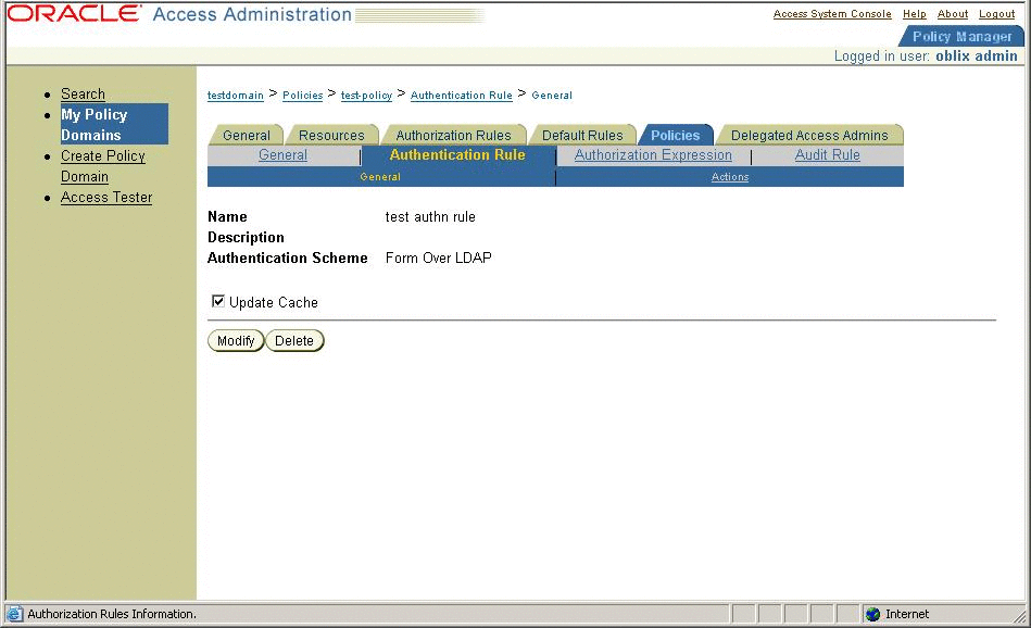 Oracle Access Manager console, Policies tab