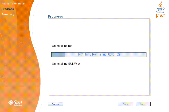 Screen capture showing Message Queue Uninstaller’s
Progress screen. 