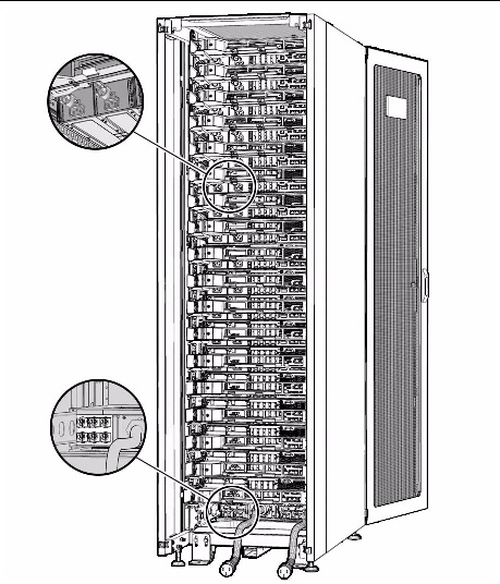 Figure showing a Sun Rack 1000 with M3000 servers and one MPS.
