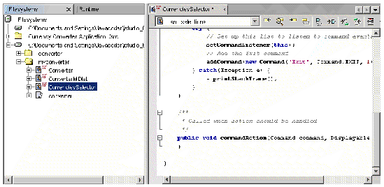 Screenshot of CurrenciesSelector list node selected in the Explorer window and the code for template displayed in the Source Editor window. 