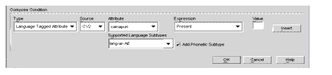 Figure shows the options for the Language Tagged Attribute conditions.