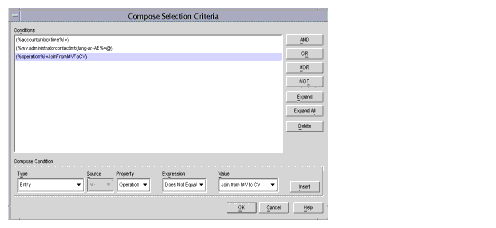 Figure displays ’ComposeSelection Criteria’ dialog with specifications which are used to determine a particular rule.