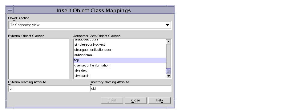 Figure displays a list of external object classes configured as objects classes for a particular connector.