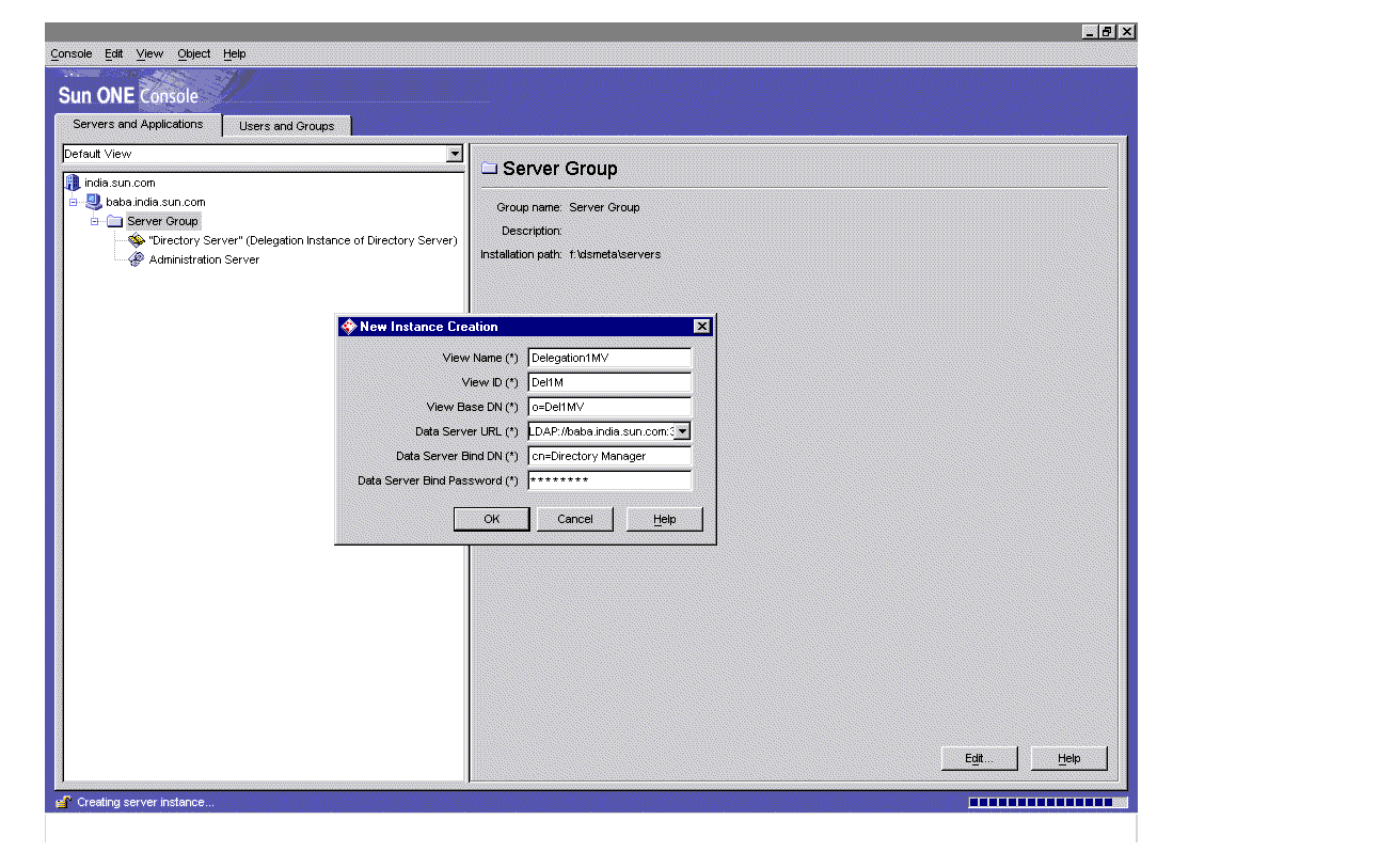 Figure shows the parameters entered in the ’New Instance Creation’ dialog box for ’delegation 1’ installation.