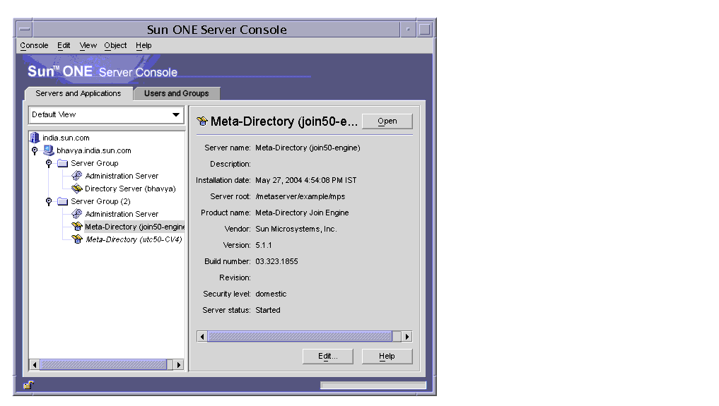 Figures shows multiple server groups in the Sun ONE Console screen.