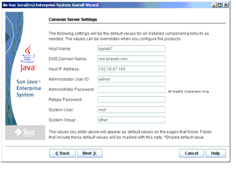 Example screen capture of the installer's Common Server Settings page.
