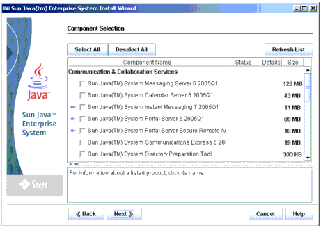 Example screen capture of the installer's Component Selection page.