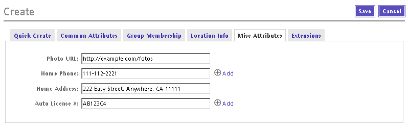 Use the Misc Attributes page to specify some miscellaneous attributes for a new user.
