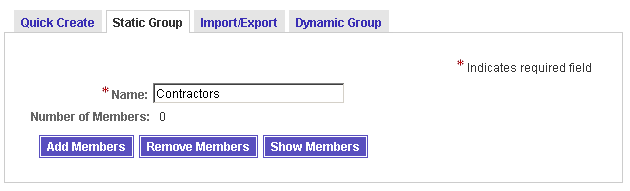 Use the Static Group page to specify the name of a new group, and to add, remove, and show members in the group.