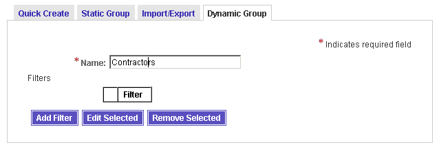 Use the Dynamic Group Tab to specify a name for a new dynamic group, and to add, edit, or remove LDAP search filters.