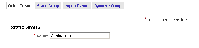 Use the Quick Create page to specify a name for a new Static Group.