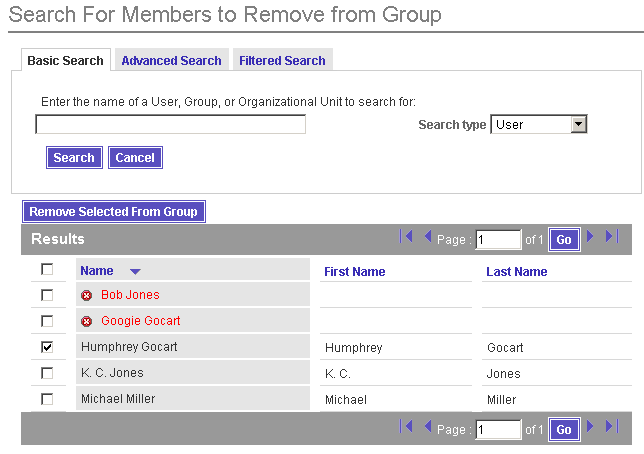 Use this Search page to locate members you want to remove from a group.