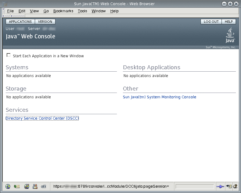 Page showing applications to manage through Java Web
Console