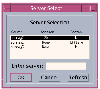 This screen allows the user to select among the available servers in a failover group. The server with the lowest load is presented by default. To exercise the "OK" option, press Return.