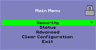 Pop-up GUI Main Menu with Security item selected