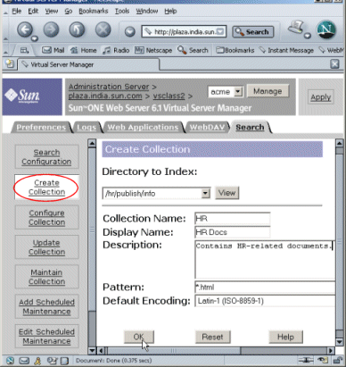 Figure showing the Create Collection page in the Search tab of the Virtual Server Manager interface.