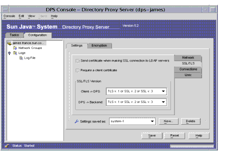 Directory Proxy Server Console Configuration SSL/TLS tab.