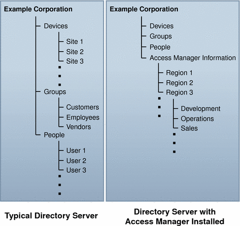 This figure compares a directory information tree (DIT) with
a DIT that includes the Access Manager information tree.
