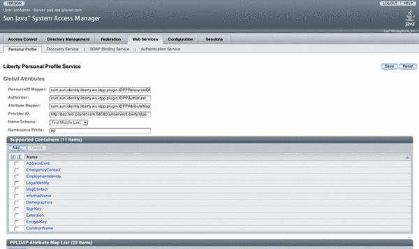 Screen shot of the Web Services interface in Access Manager Console.