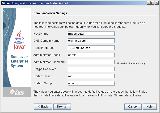 Example screen capture of the installer's Common Server Settings
page.