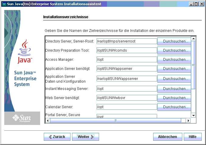 Beispiel-Bildschirmabbildung der Seite "Installationsverzeichnisse“ des Installationsprogramms.