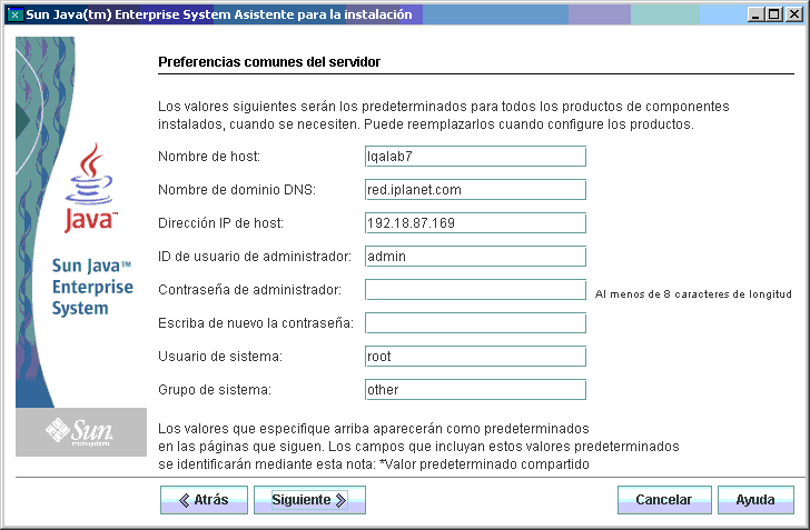 Captura de pantalla de ejemplo de la página Common Server Settings (Configuración común del servidor) del programa de instalación.