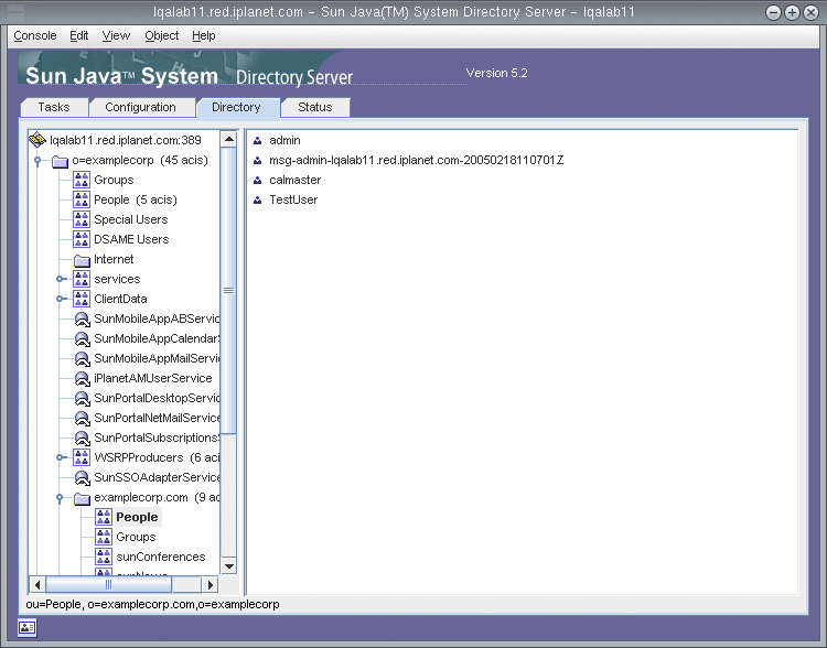 Bildschirmabbildung; Directory Server-Fenster zeigt die in Schritt 3 beschriebenen LDAP-Einträge.