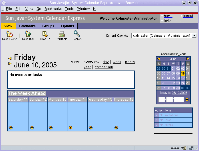 Captura de pantalla; visualización inicial de la ventana principal de Calendar Express. No hay ningún acontecimiento ni tarea.