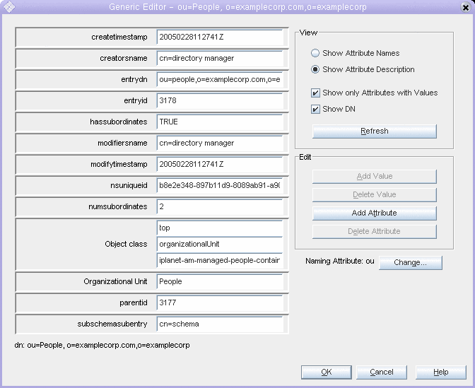 Captura de pantalla; el campo de texto "Object Class" (Clase de objeto) del editor genérico muestra iplanet-am-managed-people-container.