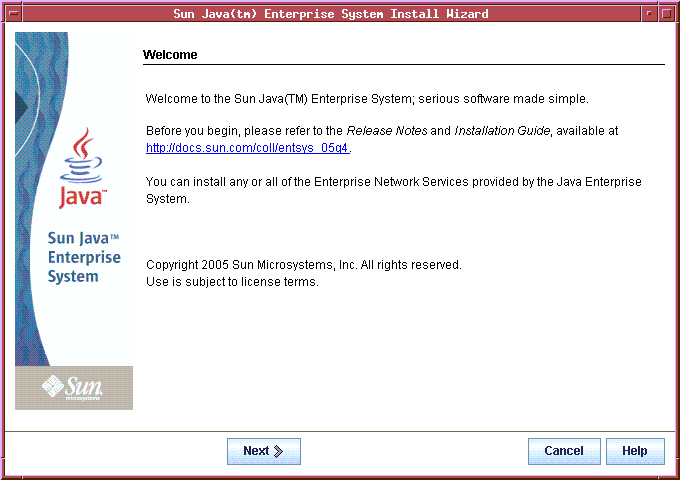 This is the Welcome page of the Java ES installer.