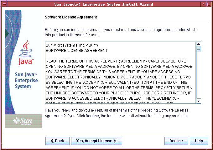 This is the License Agreement page for the Java ES software.