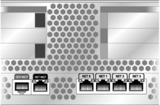 Figure shows the rear panel network management ports: From left to right, they are: SER MGT, NET MGT, NET 0, NET 1, NET 2, NET 3.