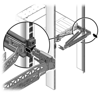 Figures shows the outer CMA connector being inserted into the end of the right slide rail