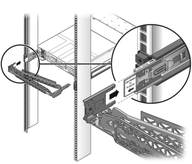 Figure shows the left side of the CMA being inserted into the rear of the CMA rail extension